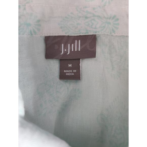 J. Jill Teal Linen Patterned Button Down Beach Coastal Pleated Shirt Medium - Picture 6 of 8